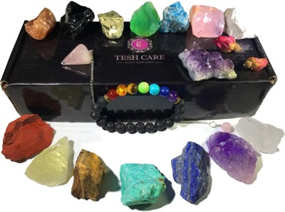 Tesh Care Chakra Therapy Starter Collection 17 pcs Healing Crystals kit, 7 Raw Chakra Stones,7 Colorful Gemstones, Amethyst,Rose Quartz Pendulum,Chakra Lava Bracelet-Bestselling