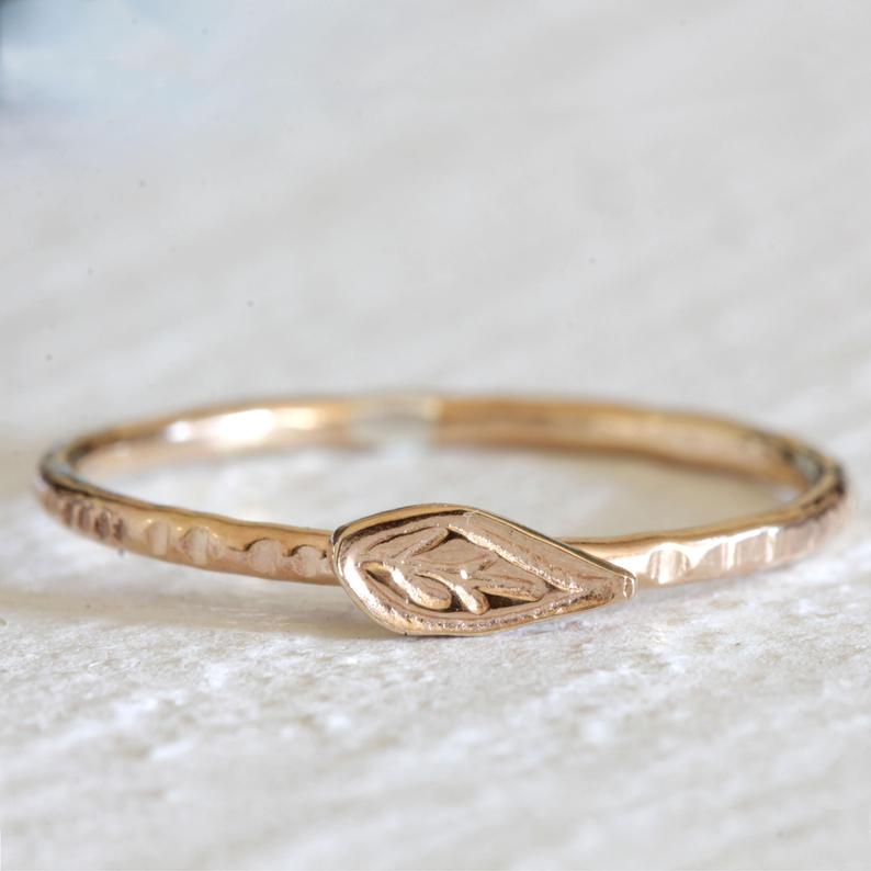 Tiny leaf gold ring dainty nature inspired stacking ring in solid 14k gold