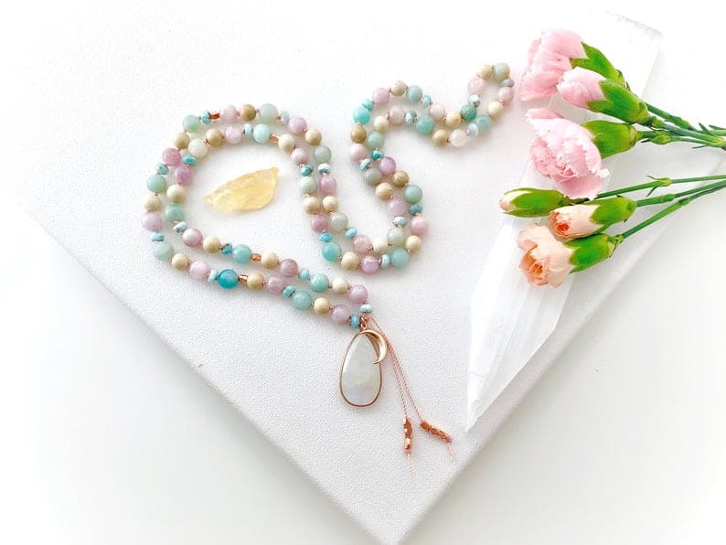 Transformation Goddess Mala with Larimar Kunzite Amazonite Riverstone and Moonstone Mala Beads, 108 Mala Prayer Beads, Mala Necklace