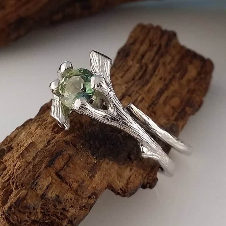 Twig Bridal Set with polished Montana Sapphire Gemstone Ring,