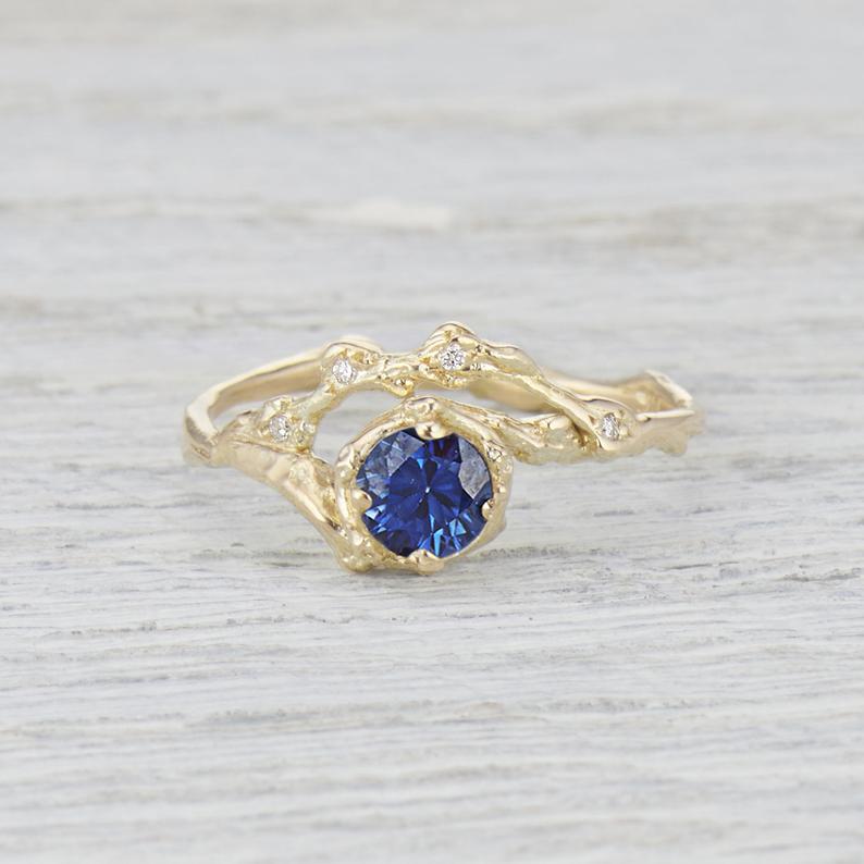 Unique Engagement Ring. Engagement Ring Set. Sapphire Ring. 5mm Blue Sapphire Naples Halo Ring. Yellow Gold, White Gold, Rose Gold.
