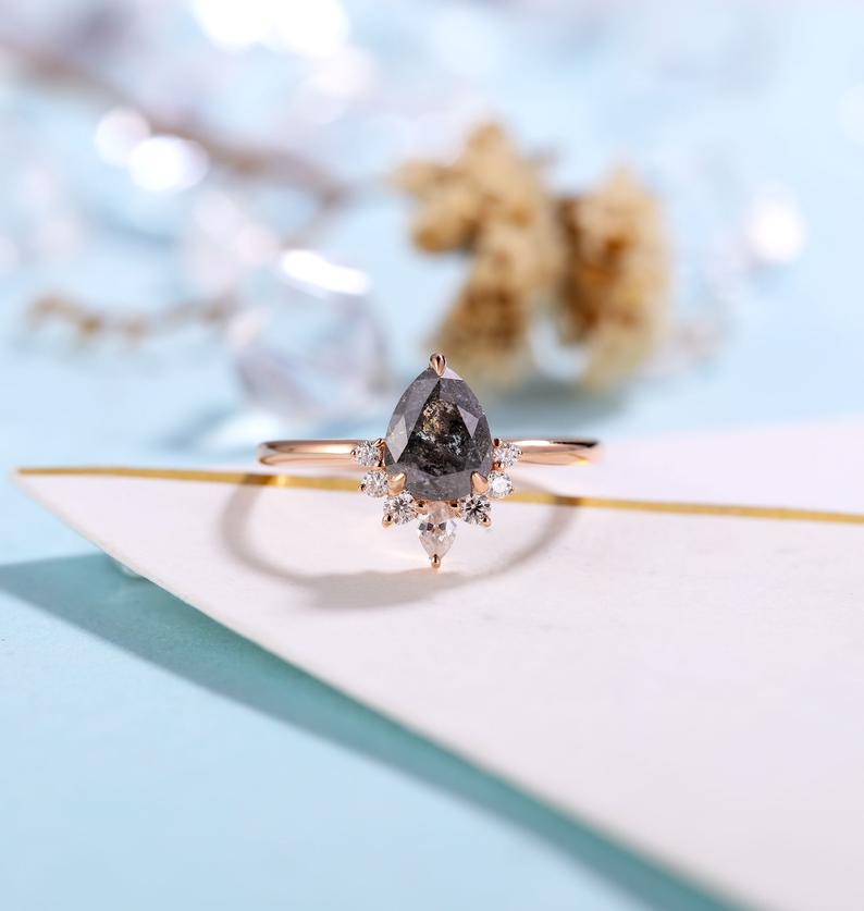 Vintage Salt and Pepper Diamond Engagement Ring Women Rose Gold Pear shaped Bridal ring Art deco Wedding Rin