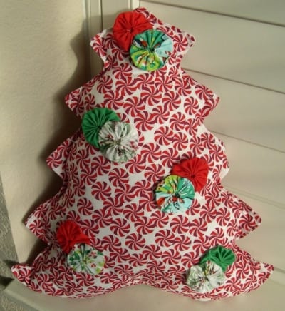 Whimsical Peppermint Candy Christmas Tree Shaped Pillow