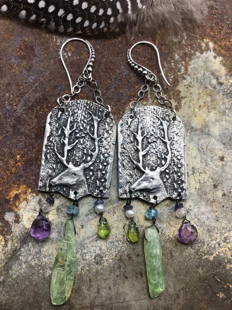 Winter wonderland earrings by Weathered Soul danglers of green kyanite,amethyst, topaz, and peridot,bohemian chic, deer, antlers