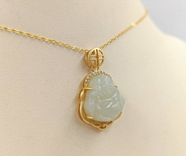 ellow Gold Genuine White Jade Mini Buddha; 925 Gold Buddha; Small Gold Buddha Necklace; Small Jade Buddha Pendant; White Jade Happy Buddha