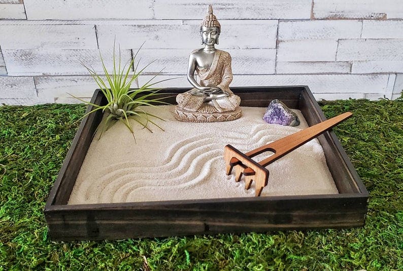 She Shed Interiors Zen Garden -Tabletop Dry landscape Kit Buddha Statue Meditation Garden Box