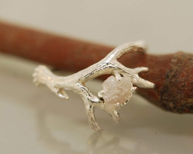 Antler Ring 2 with Raw Diamond, Rough Diamond Ring, Alternative Engagement Ring, Twig Ring, Twig Diamond Ring
