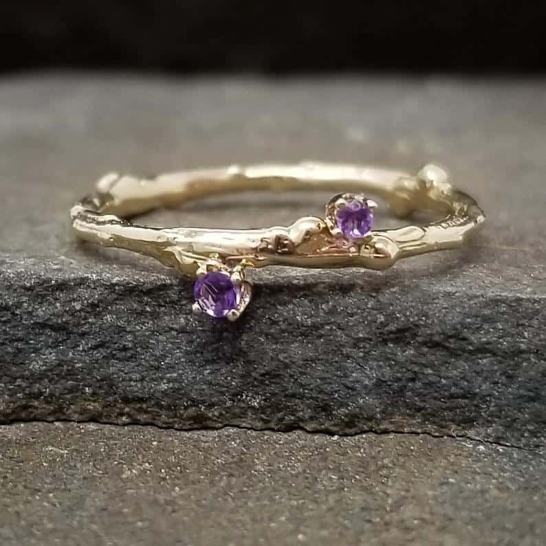 14K Gold Amethyst Ring, Unique Wedding Band Women, February Birthstone Ring, Amethyst Stacking Rings for Women, Gold Twig Wedding Ring Band