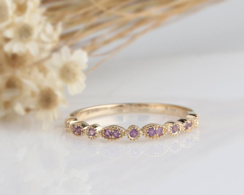 4K Solid Gold Rings-Art Deco Natural Amethyst Wedding Band-Matching Band-Stack Ring-Promise Ring