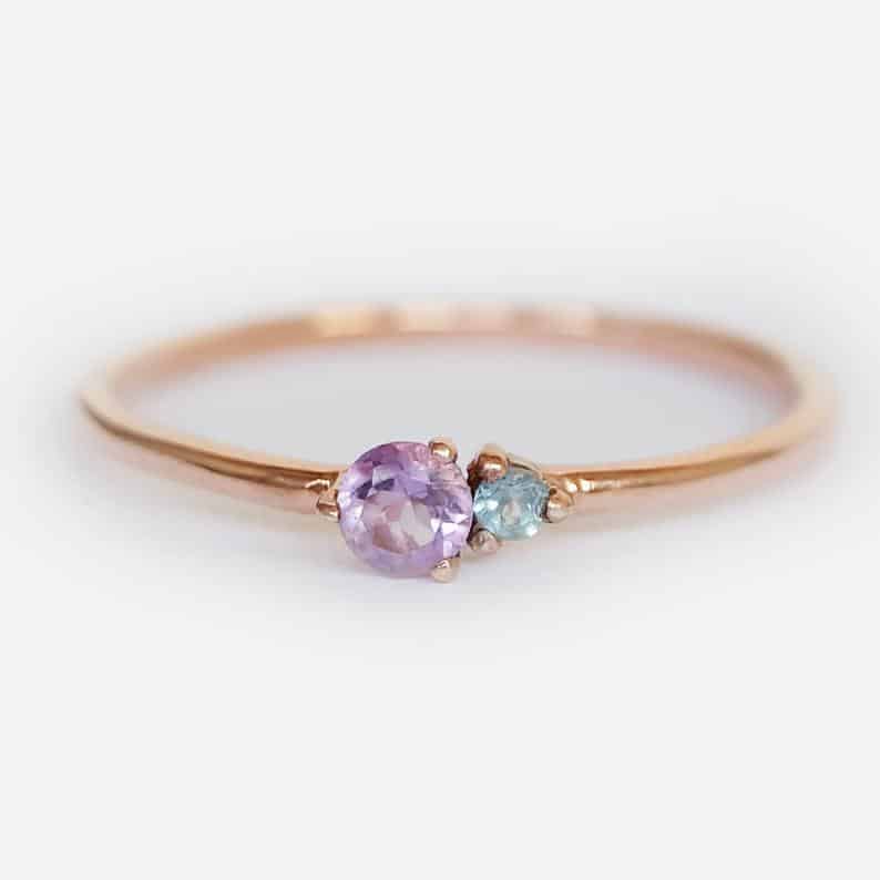 2 stone ring, amethyst ring, aquamarine ring, gemstone ring, multistone ring, birthstone ring, minimalist ring, two stone ring,everyday ring