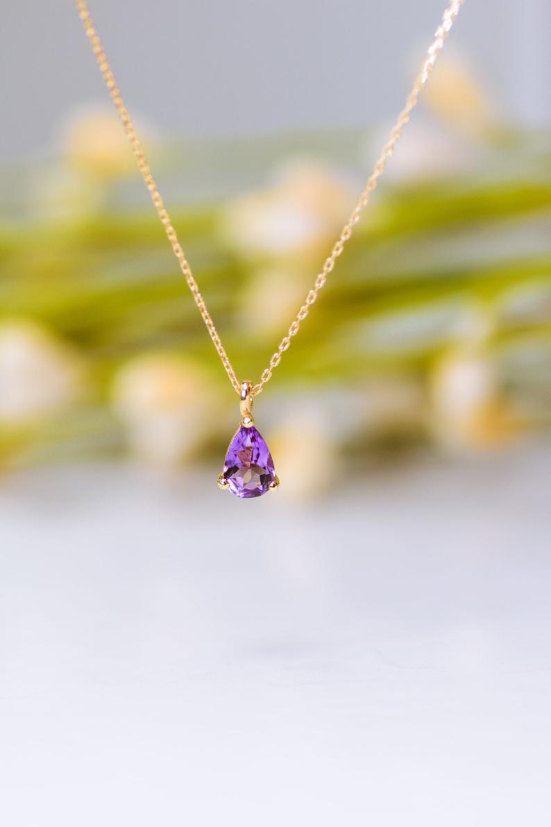 Amethyst Gold Necklace,9K,14K,18K Gold Necklace,February Birthstone,Bridesmaid Gift,Anniversary Gift,For Her,Crystal Charm,Graduation Gift
