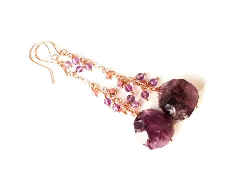 Amethyst Birthstoearrings - rose gold fill - February birthstone gift- long chains - raw Amethyst hammered coins - Tourmaline and Amethyst - Trends