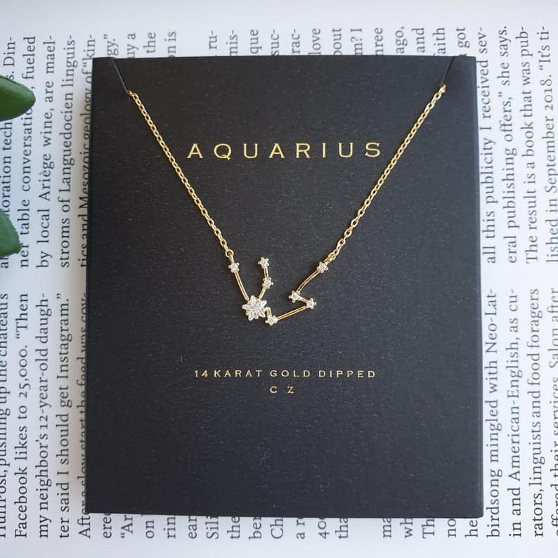 Constellation Necklace Aquarius 24K White Gold Dipped Zodiac Necklace, Zodiac Constellation Necklace Aquarius necklace, Zodiac Aquarius cz