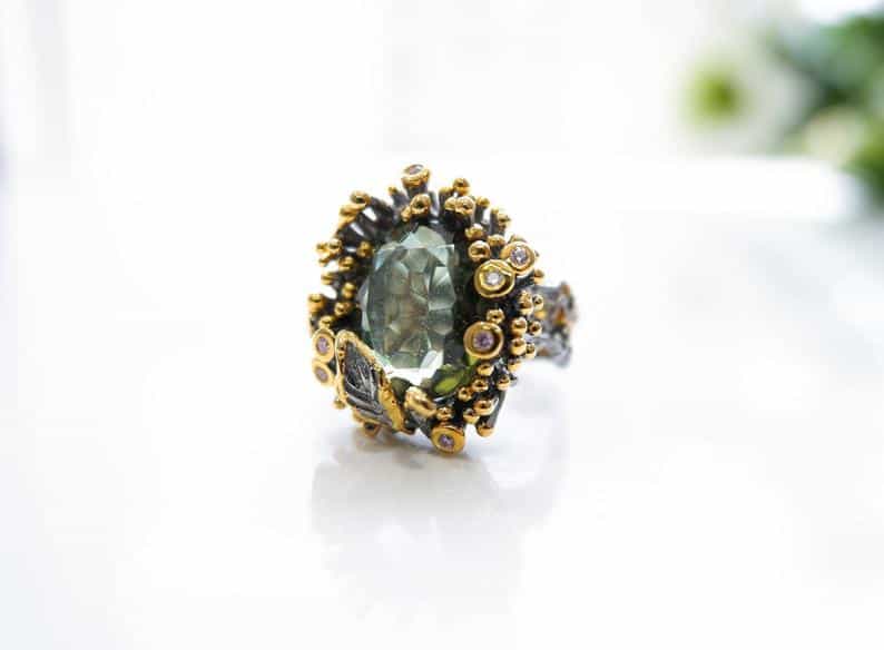 Green Amethyst Ring, Zodiac Ring, Nature Inspired Ring, One of a Kind Ring, Ring For Ladies, Silver Ring For Girlfriend Bold Statement Ring