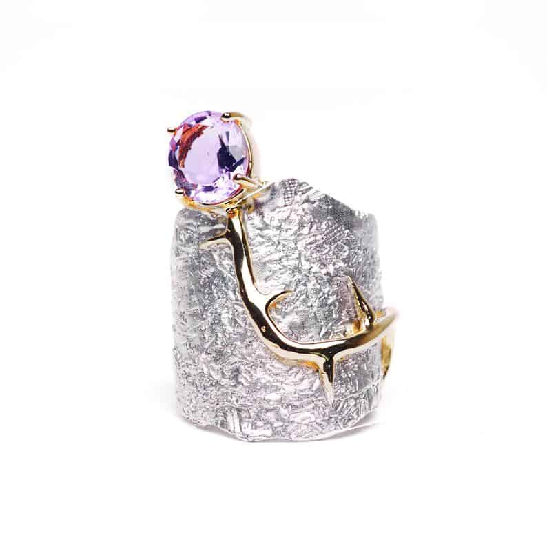 Handmade 925 Sterling Silver, Adelinde Purple Amethyst Ring Plated with Gold and White Rhodium by German Kabirski
