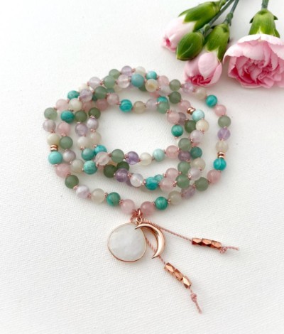 Healing Goddess Mala Necklace with Moonstone Rose Quartz Amazonite Amethyst Green Aventurine Mala Beads, 108 Mala Prayer Beads, Yoga Gift