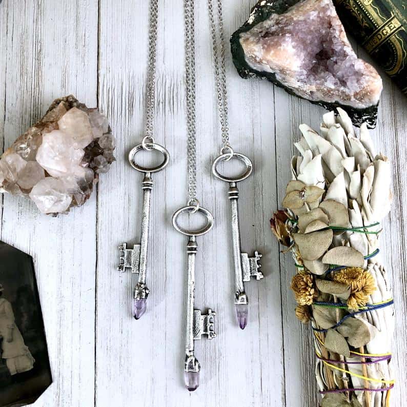 Raw Amethyst Crystal Necklace Pendant Silver Vintage Key Necklace Skeleton Key Necklace -Amethyst Birthstone Necklace