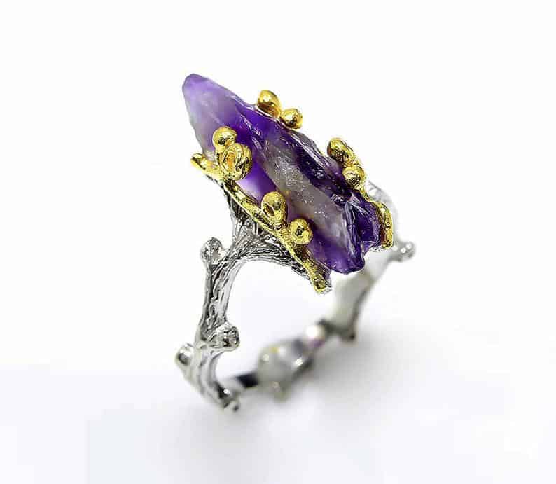 Raw Amethyst Stone Ring Twig Branch Ring