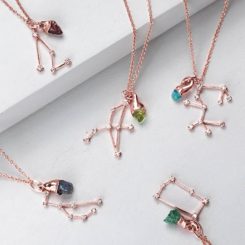 Rose Gold Dainty Zodiac Necklace, Constellation Jewelry, Personalized Jewelry, Raw Crystal Necklace, Rough Gemstone, Constellation Necklace