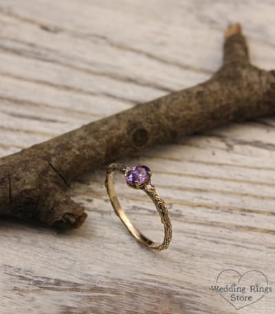 Tiny twig engagement ring with Amethyst and Diamonds, Tree bark engagement ring, Women's amethyst and diamond ring, Branch ring, For her