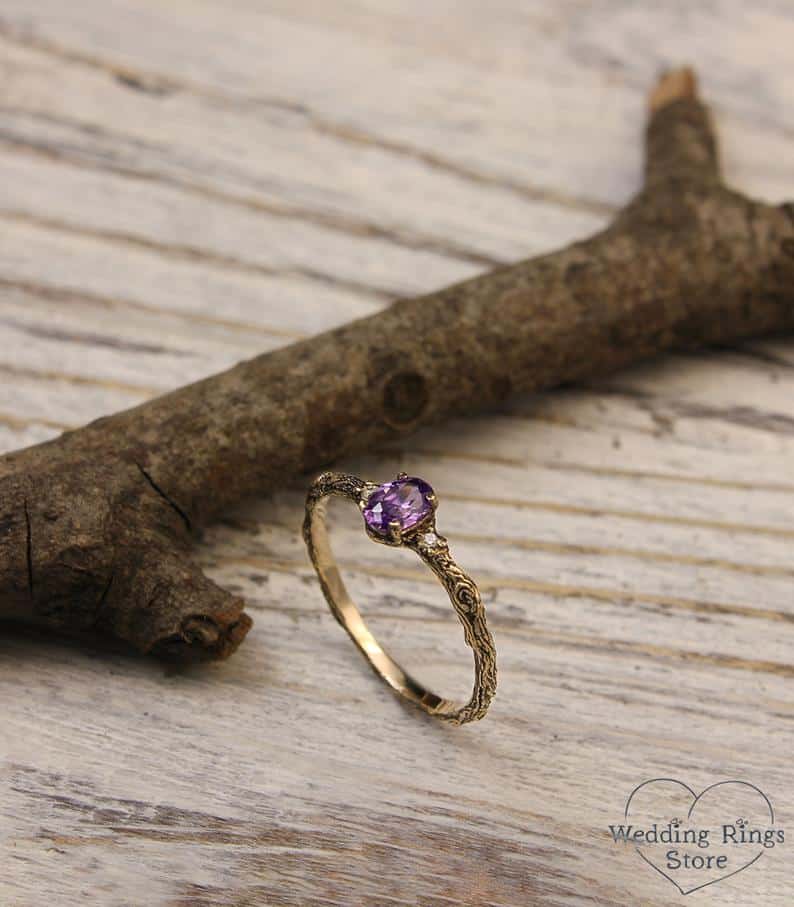 Tiny twig engagement ring with Amethyst and Diamonds, Tree bark engagement ring, Women's amethyst and diamond ring, Branch ring, For her