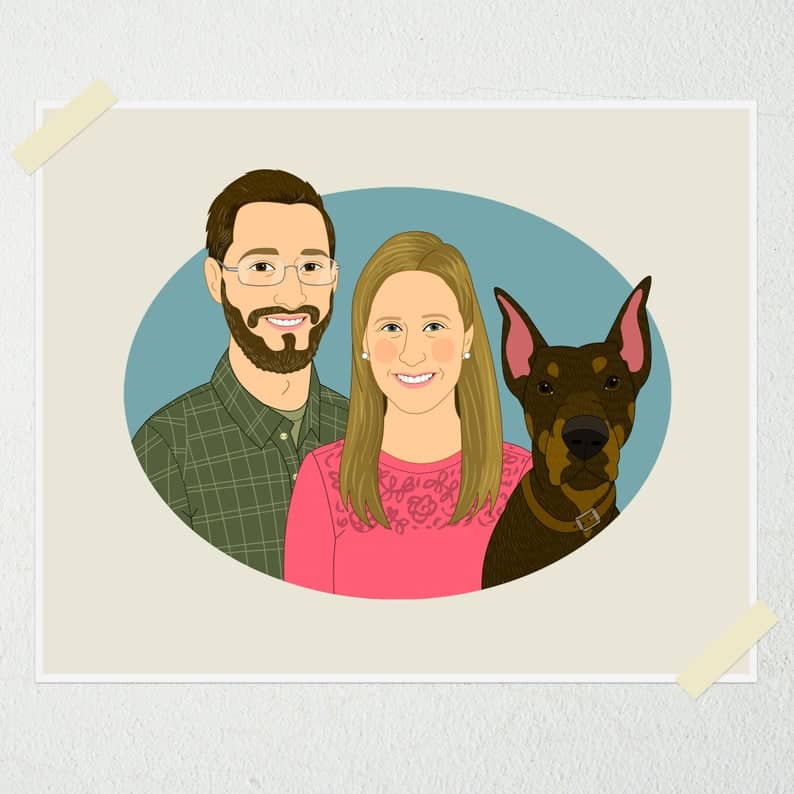 Valentine's day gift for him-her. Couple portraits with dog. Personalized portrait from photos