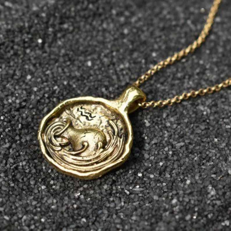 Aquarius Astrology Sign, Sterling Silver Zodiac Necklace, Handmade Jewelry, Unique Pendant, Gold, Recycled, By Unmarked Industries