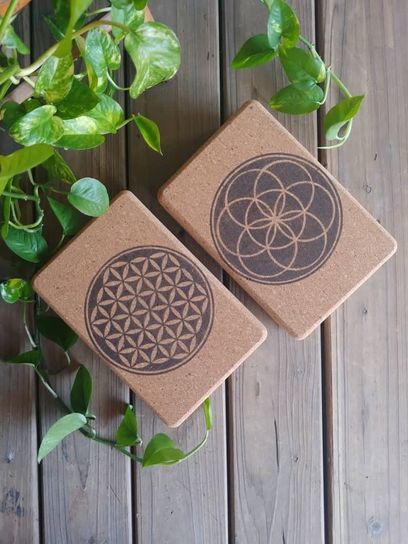 Cork Yoga blocks, Sacred Life Set, Handmade Design - Plant based, plastic free, non-slip, eco-friendly, natural blocks by Yoganomalous