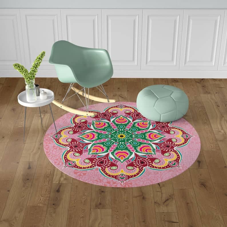 Ethnic Round Anti Slip Mandala Rug, Pink Vinyl Area Rug, Girls Room Decor, Moroccan Yoga Studio Decor, PVC Doormat,