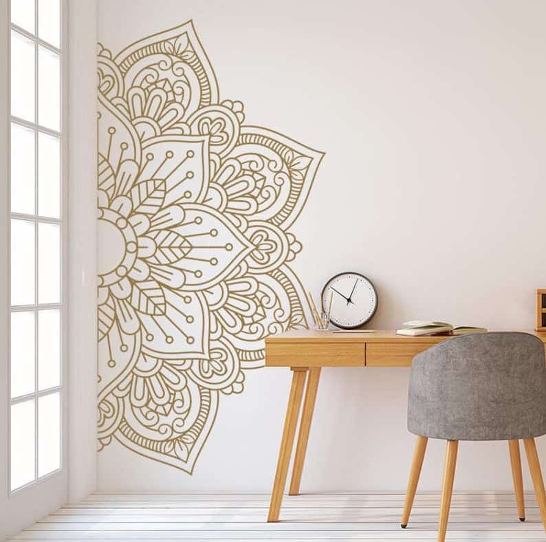 Mandala in Half Wall Sticker, Wall Decal, Decor for Home, Studio, Removable Vinyl Sticker for Meditation, Yoga Wall Art