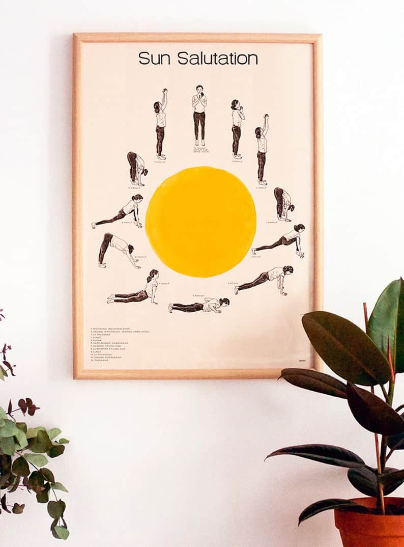 Sun Salutation Yoga Poster, Hatha Yoga posture sequences Print, Surya Namaskar illustration, Yoga art, Yogi Home Decor