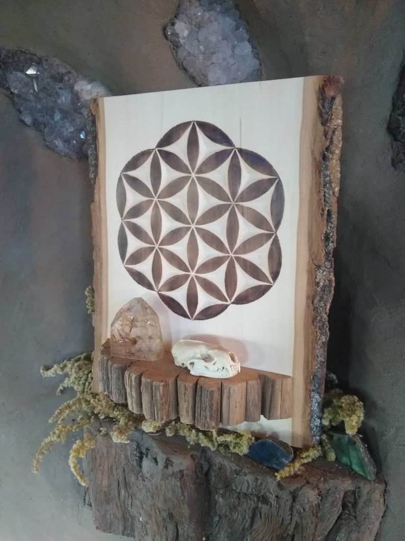 Hand carved flower of life shelf, wall hanging, woodburn, sacred geometry art