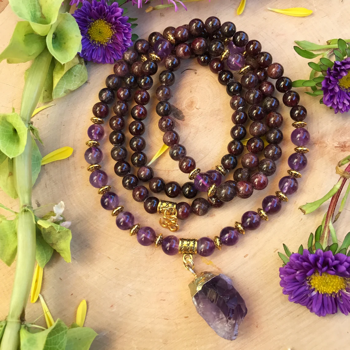 3rd EYE Chakra-AMETHYST & GARNET Mala Beads for Third Eye, Heart Chakra Gift for Healing