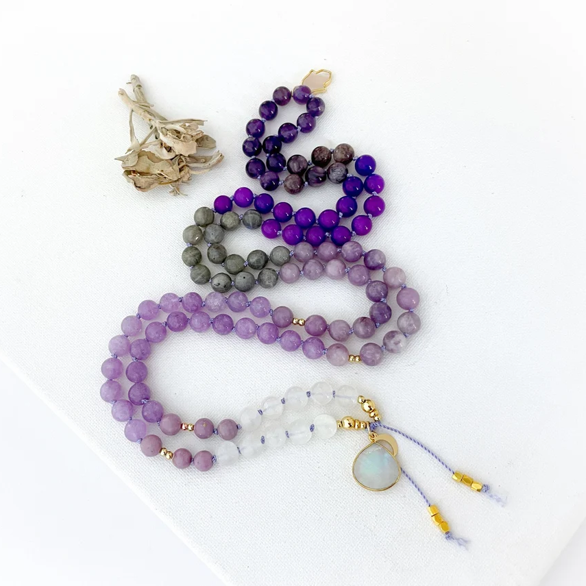 CROWN Chakra Gifts for Healing Mala Necklace with Lepidolite Sugilite Amethyst Mala Beads