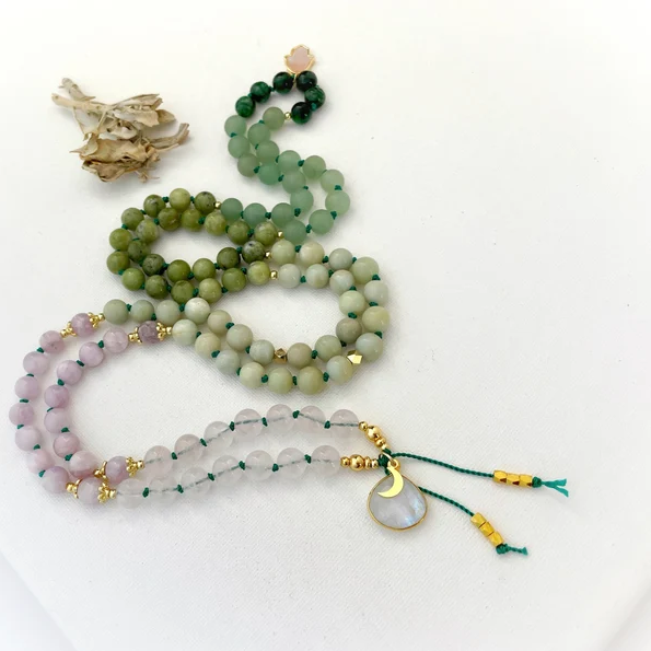 HEART Chakra Mala Necklace with Rose Quartz Kunzite Emerald Mala Beads- CHakra gift for healing