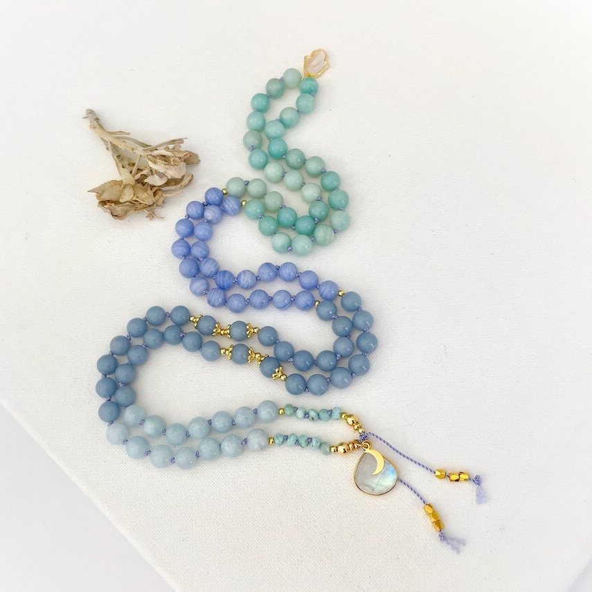 THROAT Chakra Mala Necklace with Angelite Aquamarine Blue Lace Mala Beads, 108 Prayer Beads,